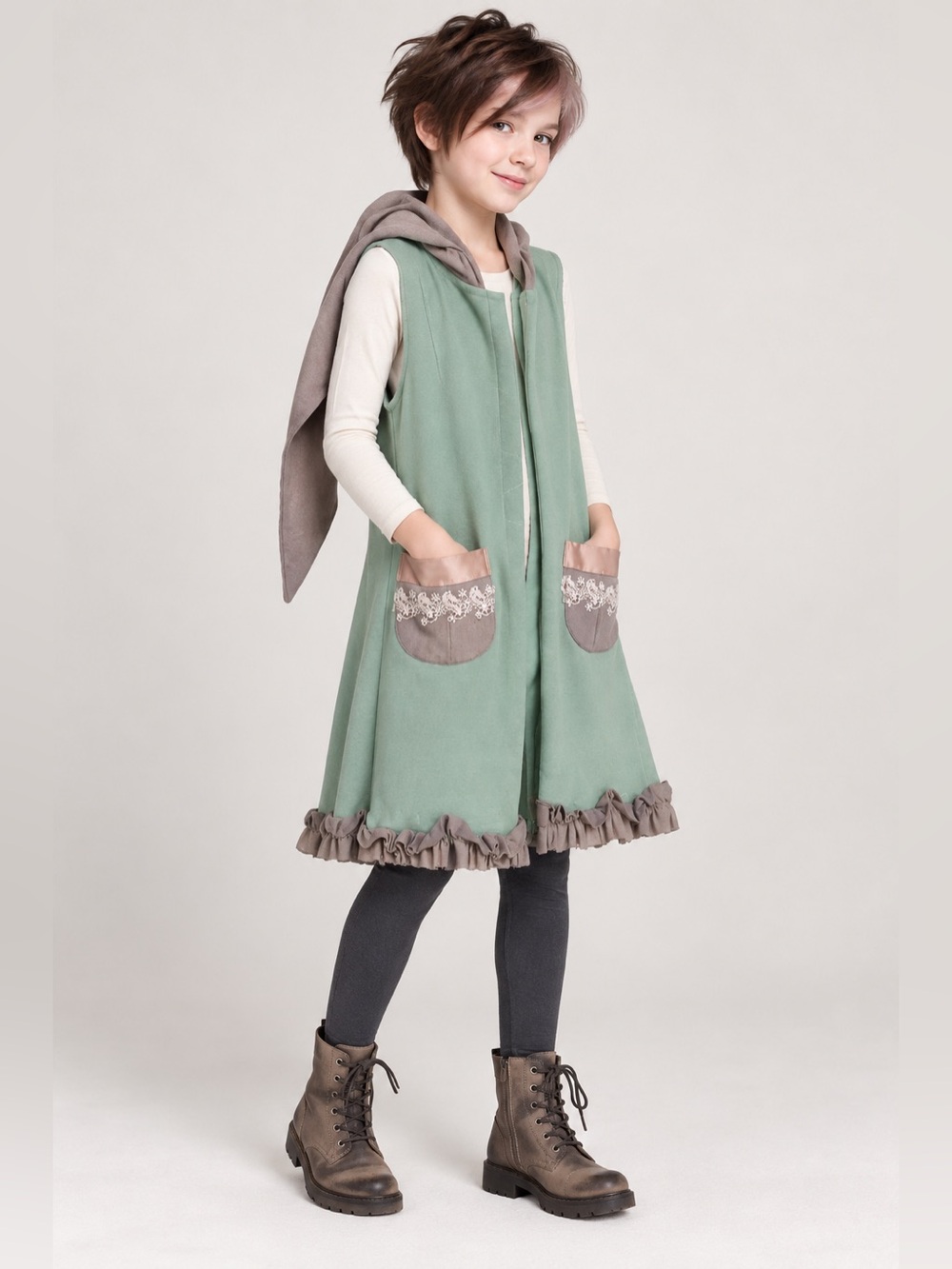 Girl 7/8 Green Fairy Sleeveless cardigan duster Dress Hood and Lace Pockets